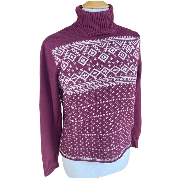 NWT Oshkosh Cashmere Fair Isle Turtleneck Sweater Burgundy Après-Ski Knit-M - Picture 1 of 13